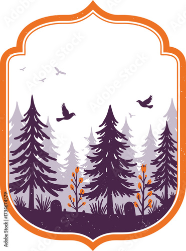 Whimsical forest scene with flying birds inside ornate decorative emblem frame nature art flat design vector illustration white background