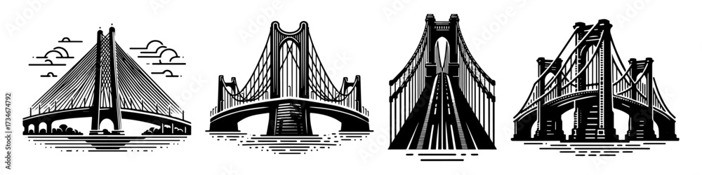 Fototapeta premium Four detailed illustrations of different bridge designs.