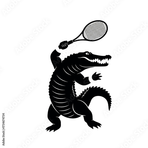 Transparent background also white background Black and white silhouette of an alligator in a dynamic pose swinging a tennis racket crocodile reptile