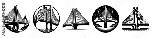 Cable-stayed bridge illustrations in black and white design.