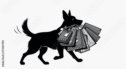 Transparent background also white background Black Silhouette of a Dog Carrying Many Shopping Bags in its Mouth on White Background isolated