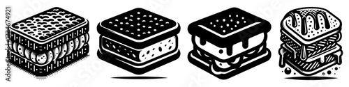 Ice cream sandwich illustrations in black and white delicious dessert.