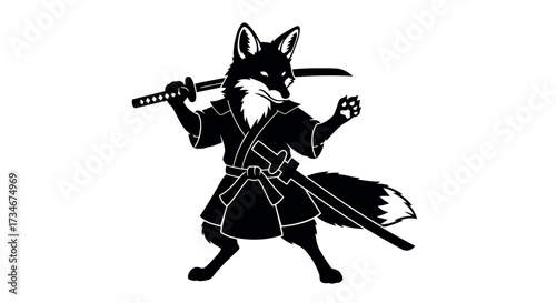 Transparent background also white background Black silhouette of a fox dressed as a samurai warrior holding two katanas on a white background sword