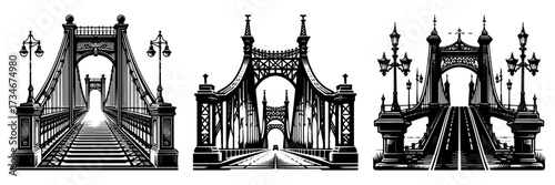 Three bridges illustration black and white detailed architecture.