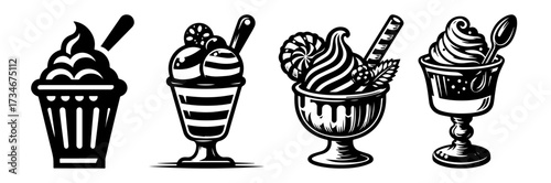 Delicious ice cream desserts in elegant glasses illustration.