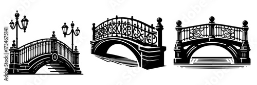 Elegant bridges in a row black and white illustration.