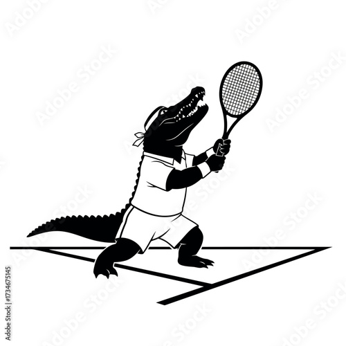 Transparent background also white background Black Silhouette of a Tennis- Playing Alligator on a Tennis Court on White Background crocodile racket