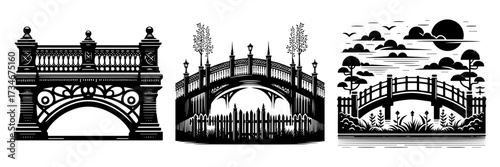 Three bridges illustration black and white artistic design architecture.