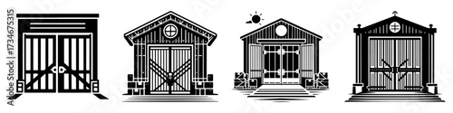 Vintage barn doors architectural design illustration set.