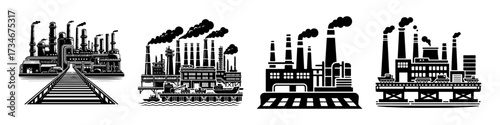 Industrial factories with smoke stacks and pollution emissions.