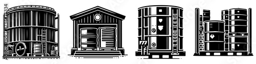 Vintage industrial storage tanks and warehouse buildings.