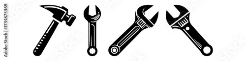 Tools in a row black and white construction equipment.