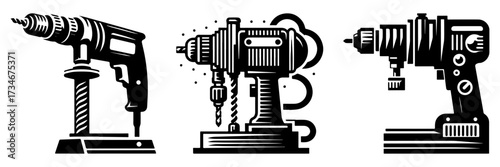 Three different types of power drills in black and white.