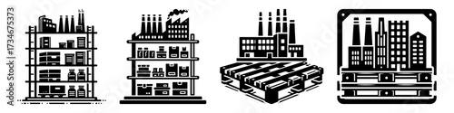 Industrial Factory Production and Storage Icons.