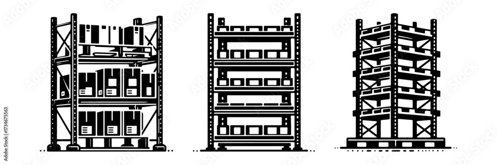 Obraz premium Three wooden structures with shelves and supports.