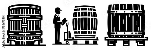 Barrels and worker with a pallet jack in warehouse.