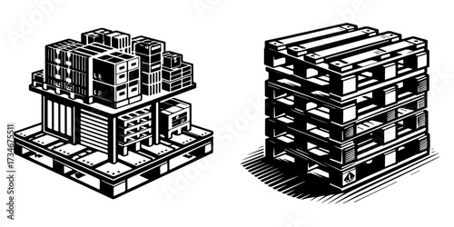 Pallets stacked with boxes and goods for shipping and storage.