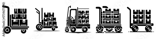Hand trucks carrying boxes for delivery and transport logistics.