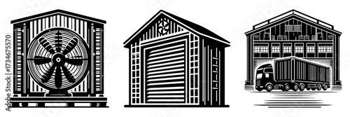 Industrial Buildings and Transportation Elements Illustration.