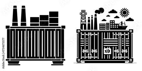 Industrial containers with factories and transport elements.