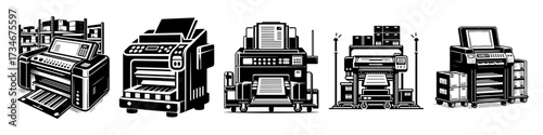 Various printing machines in a row black and white illustration.