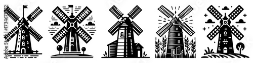 Windmill illustrations in black and white perfect for design.
