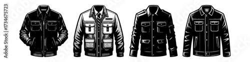 Black leather jackets displayed in a row fashion apparel.