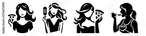 Woman enjoying pizza and food eating with spoon holding spatula black silhouettes.