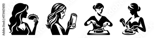 Women enjoying food cooking and using technology in various activities.