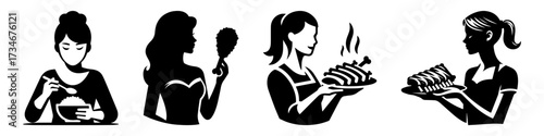 Women in Various Activities: Eating Mirror Cooking Serving Food.