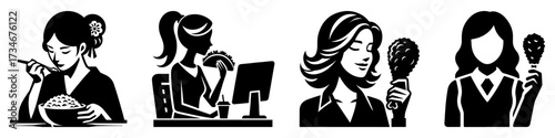 Womens Daily Activities Depicted in Black and White Illustrations.