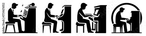 Pianist playing piano silhouette icons set music performance.