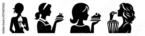 Silhouette of women enjoying desserts and snacks in different ways.