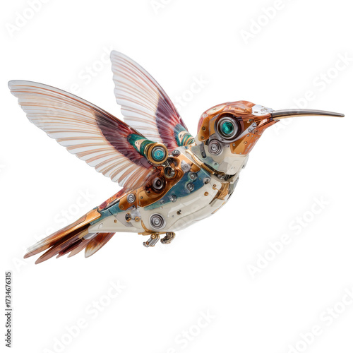 Colorful mechanical hummingbird sculpture showcases intricate design and artistry