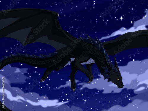 Dragon flying nightly sky over moon and clouds