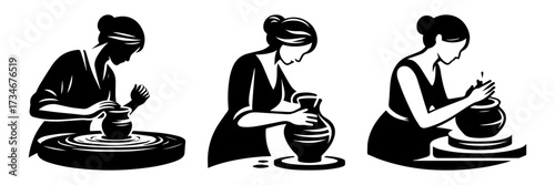 Pottery making process woman shaping clay on wheel art studio.