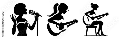 Silhouettes of women singing and playing guitar in black and white.