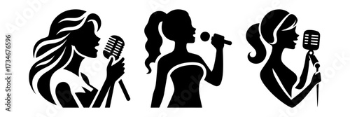 Silhouettes of Singing Women with Microphones in Black and White.