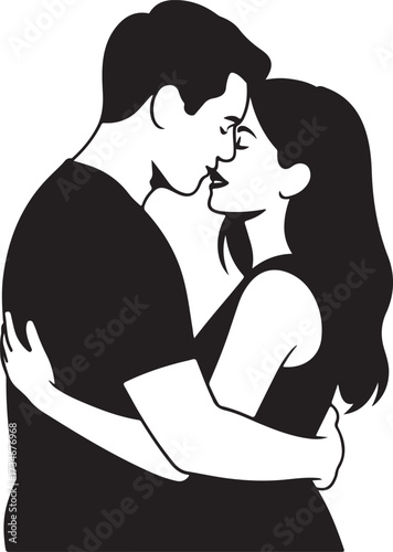 Romantic couple embracing passionately close together silhouette black outline