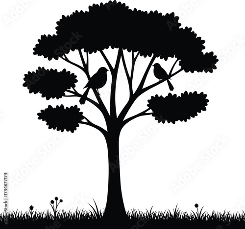 Silhouette of a majestic tree with two birds perched on branches amidst lush grass flat design vector illustration white background