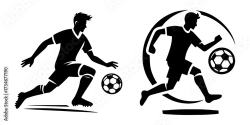 Soccer player silhouette in action kicking the ball towards the goal.