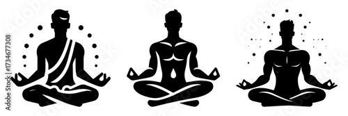 Meditating figures in lotus position with spiritual aura.