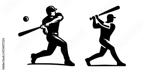 Baseball players in action swinging the bat silhouette style.