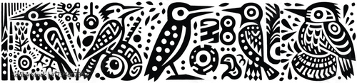 Artistic birds in a row black and white design nature theme.