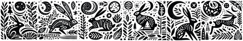 Artistic depiction of rabbits in a natural environment with celestial elements.