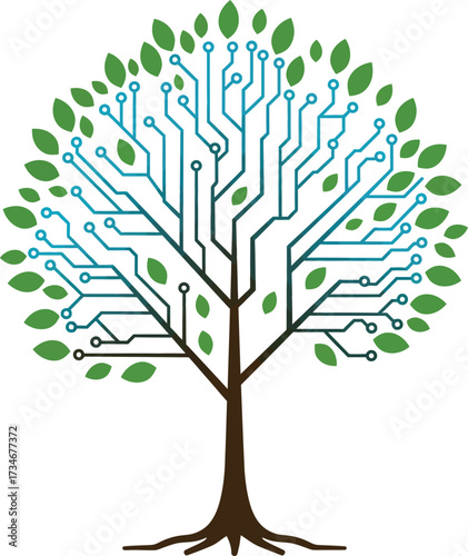 Futuristic circuit board tree symbolizing digital growth technology and innovation nature concept flat design vector illustration white background