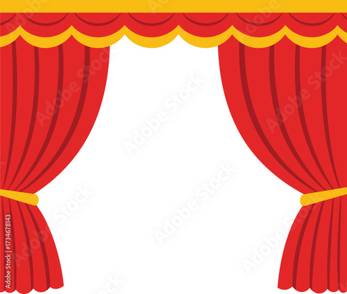 Classic red stage curtains opening to reveal performance space for theater and entertainment flat design vector illustration white background