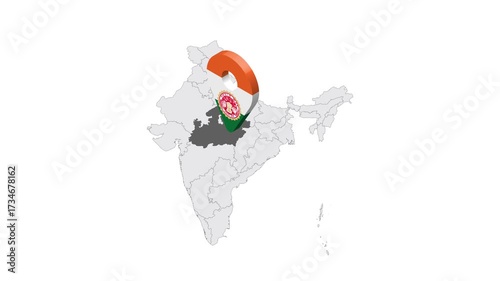 Location Madhya Pradesh on map India. 3d Madhya Pradesh emblem map marker location pin. Map of India showing different parts. 4K.  Animated Video