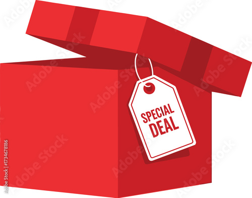 Bright red gift box with "Special Deal" tag opening to reveal an exciting offer