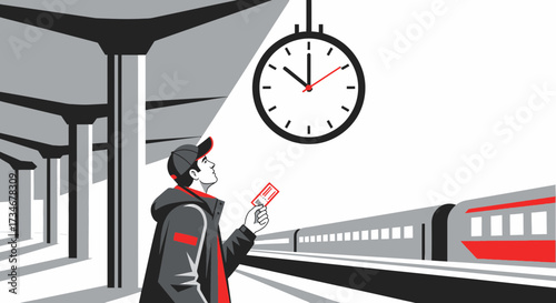 A man holding a ticket checks the time at a train station waiting for his train